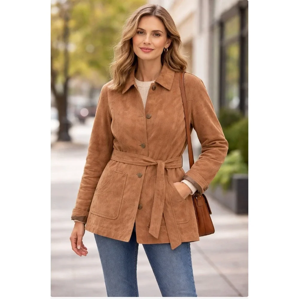 Rouge Leather Womens XL Cognac Brown Suede Belted Safari Jacket Button Front - Picture 1 of 13
